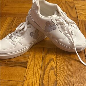 Ladies White Sneakers with Silver Mickey Accent
